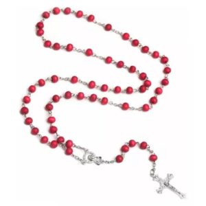 Rosario de madera católico rojo con aroma a rosa